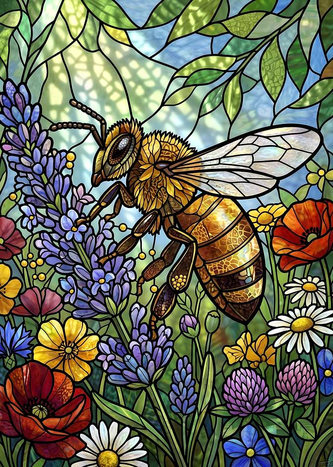 Stained Glass Bee and Wildflowers