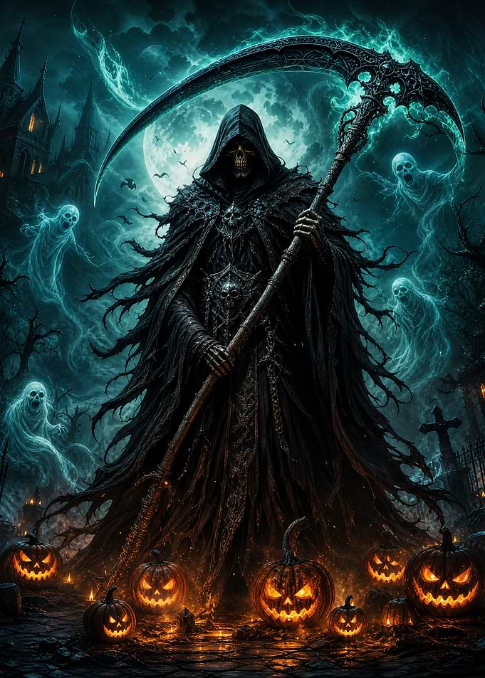 Grim Reaper with Glowing Jack-o'-lanterns