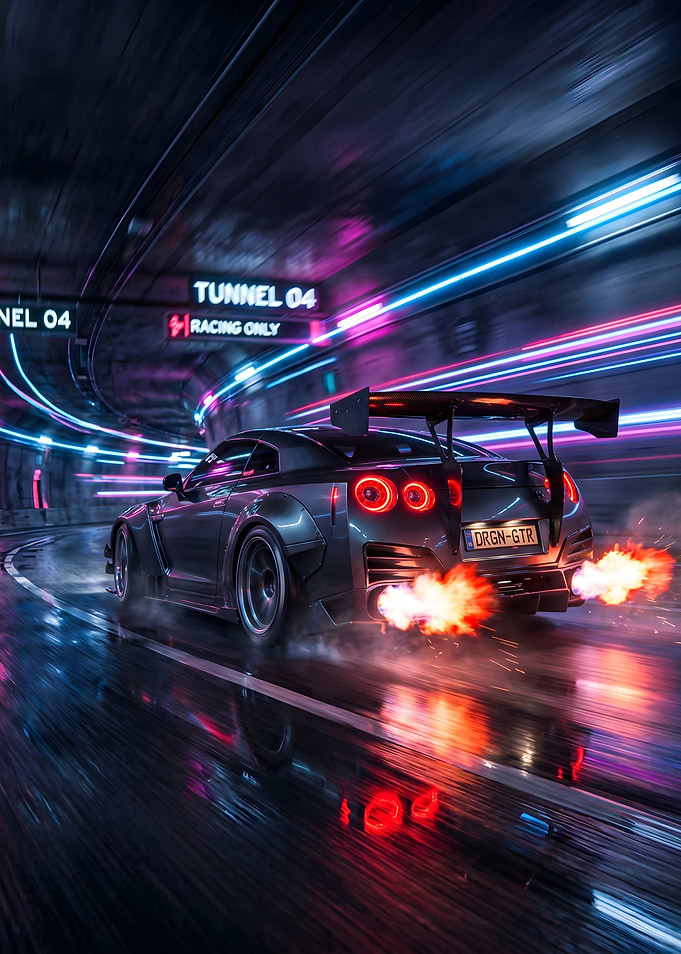 Nissan GT-R Drifting in Neon Tunnel