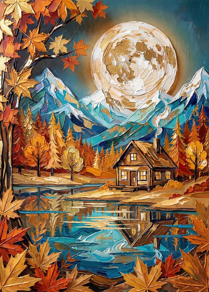 Autumn Cabin Under Full Moon
