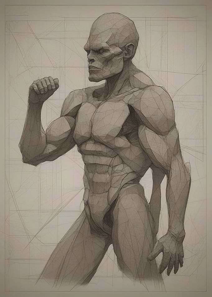Stoic Musculature Study — Geometric Humanoid Figure Drawing