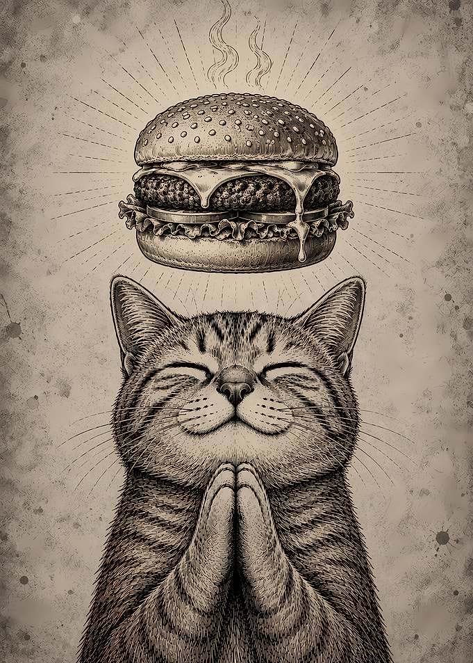 Cat Praying to a Cheeseburger