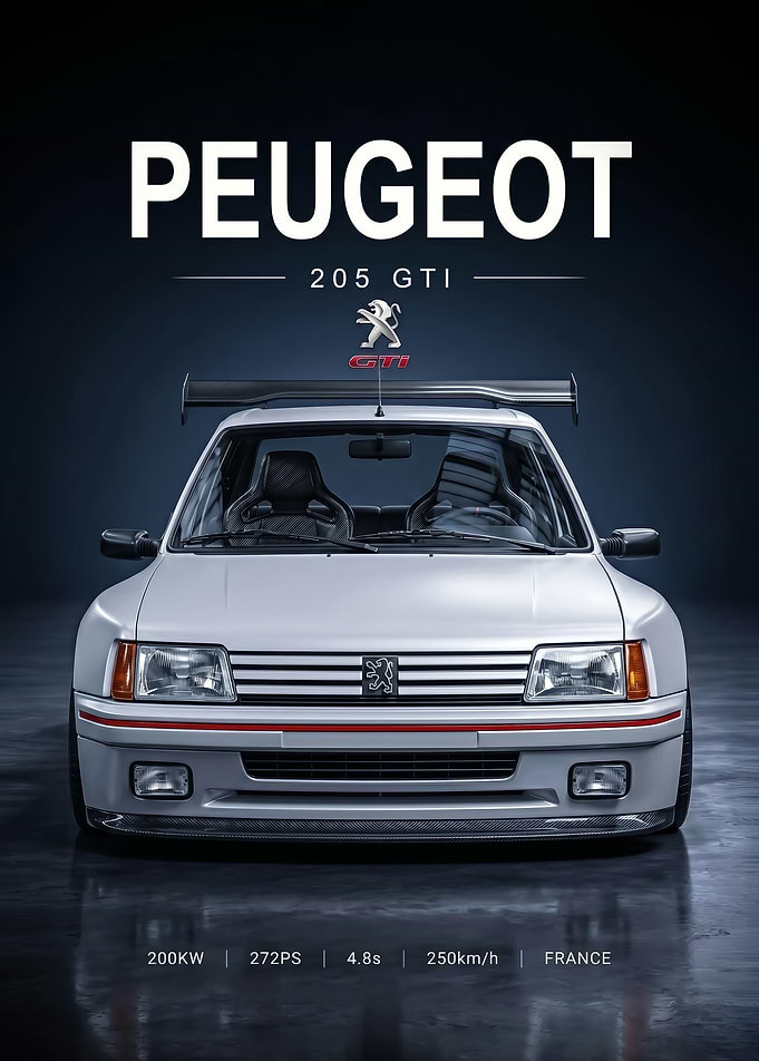 white sleek Peugeot 205 GTI iconic Poster