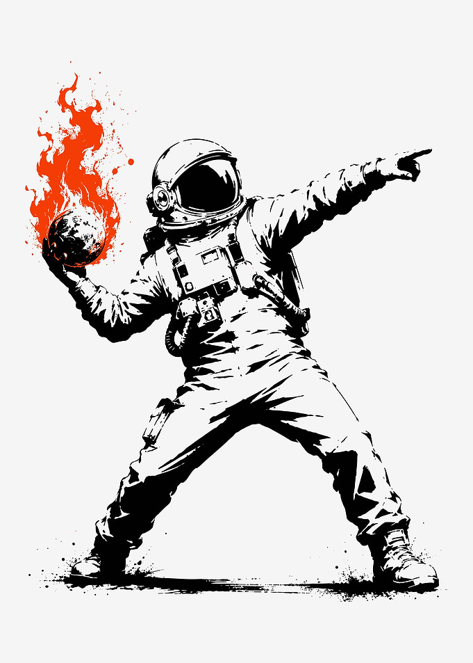 Banksy Inspired Astronaut Throwing Fire Planet Stencil Street Art Poster