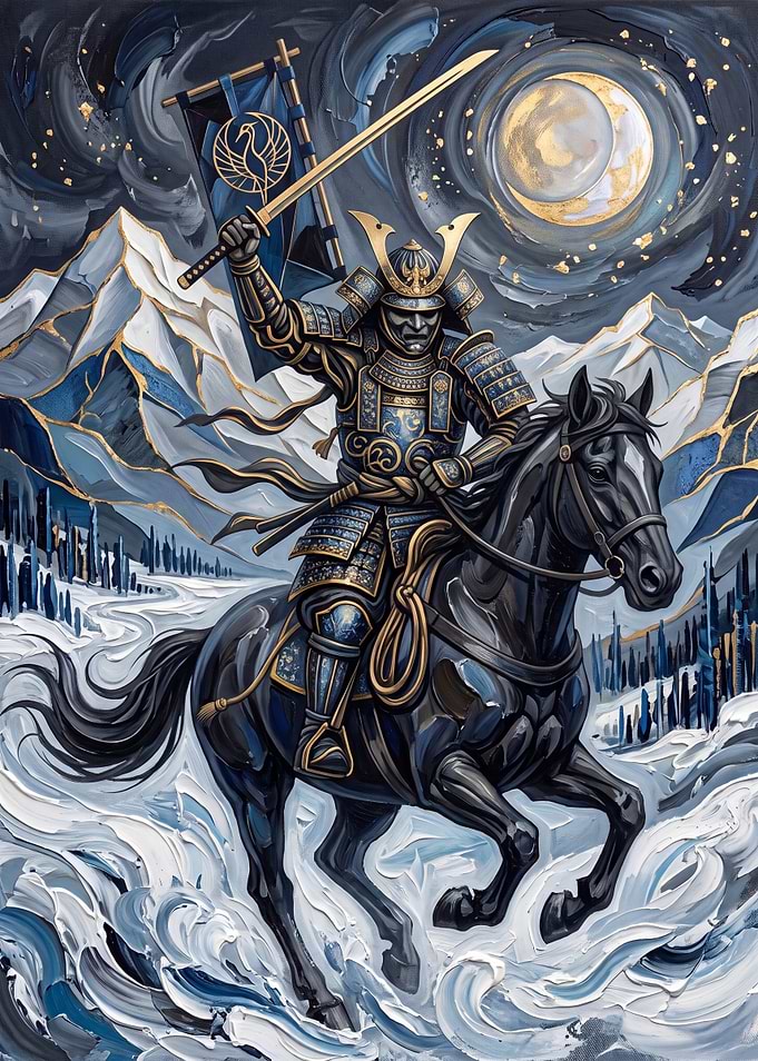 Samurai Warrior Riding Horse in Snow