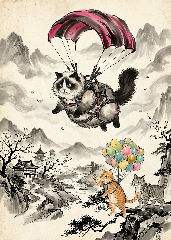 Cats Parachuting and Floating in Ink Wash Style