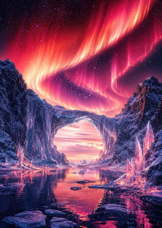 Ethereal Aurora Over Frozen Crystal Landscape