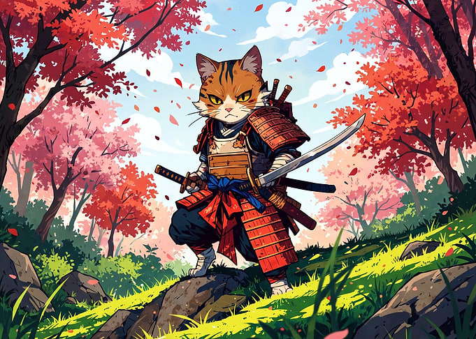 Samurai Cat in Autumn Forest