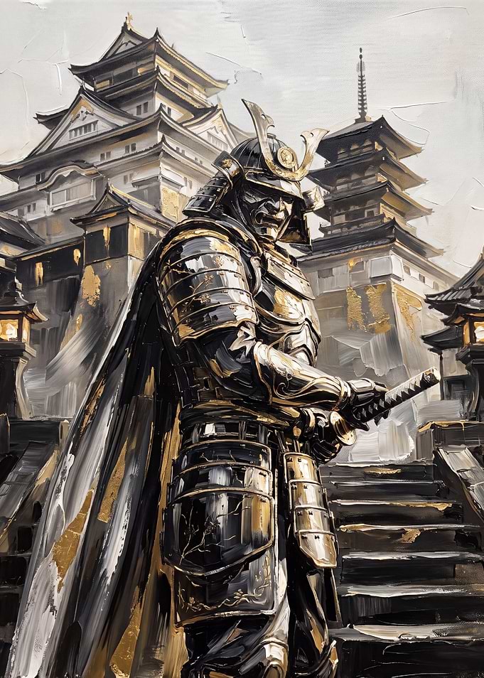 Samurai Warrior Before Japanese Castle