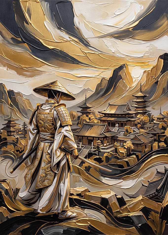 Samurai Overlooking Ancient Japanese Temple