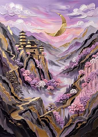Golden Moon Over Japanese Mountain Temple