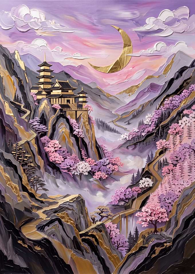 Golden Moon Over Japanese Mountain Temple
