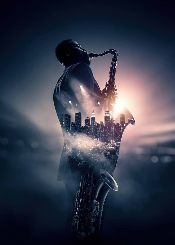 Double Exposure Saxophonist Cityscape