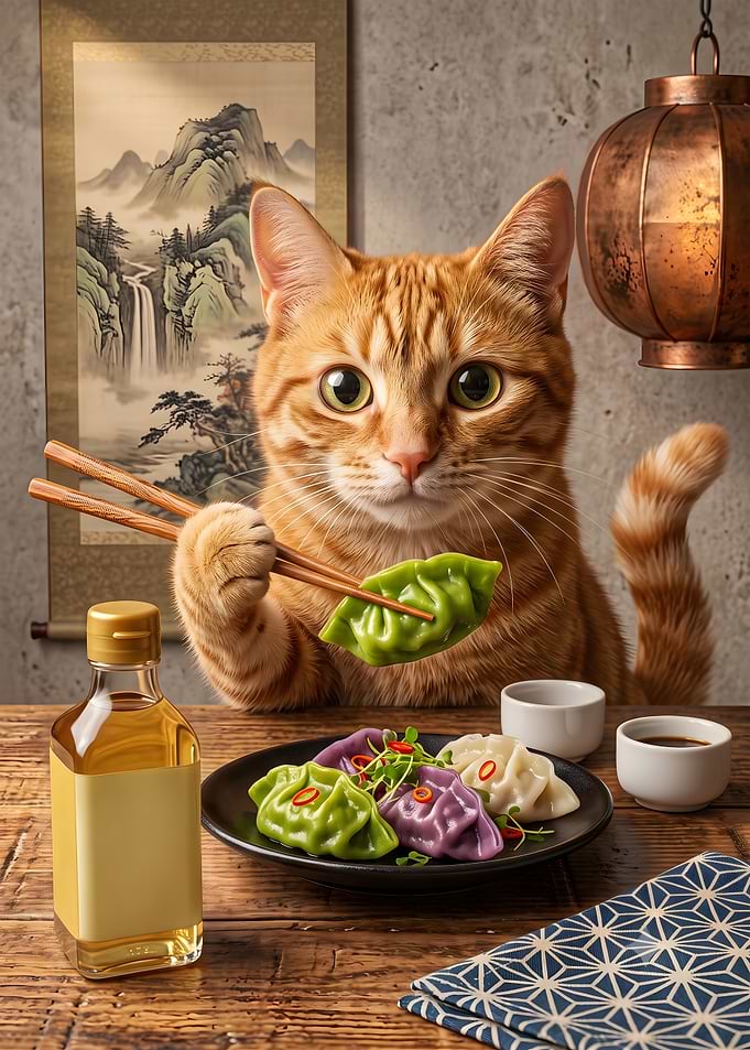 Ginger Cat Eating Colorful Dumplings