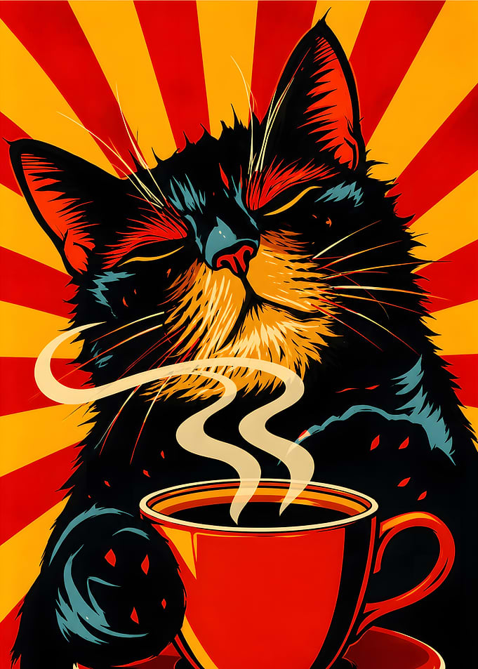 Black Cat Enjoying Hot Coffee