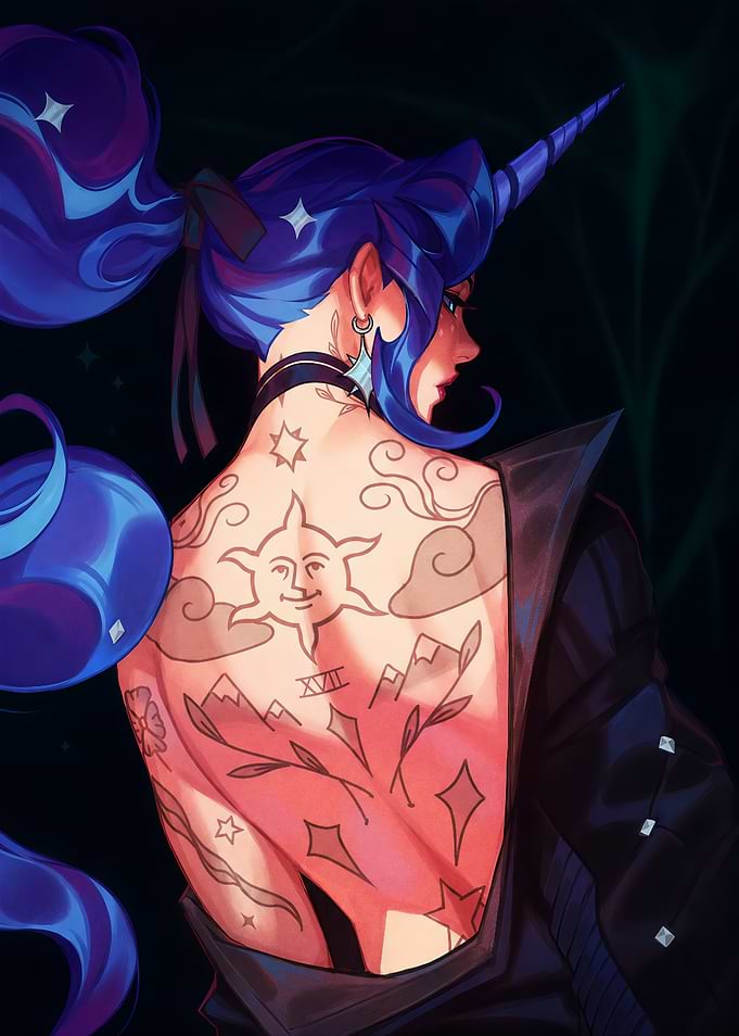 Unicorn Girl with Celestial Back Tattoos