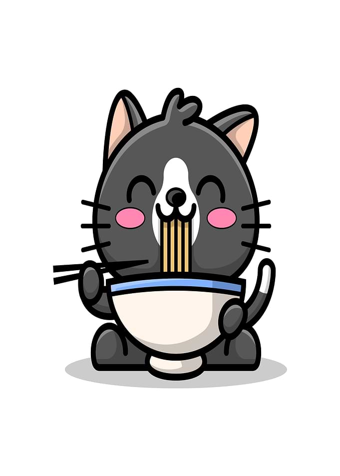 Cute Cat Eating Ramen Noodles