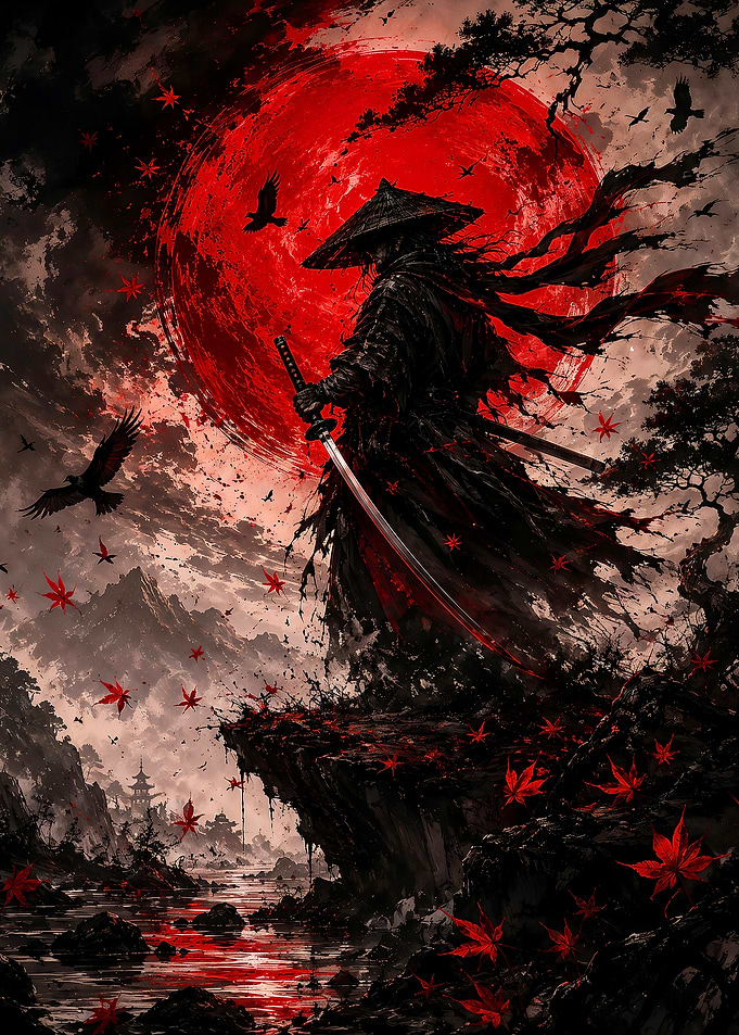Samurai Standing Under Red Moon