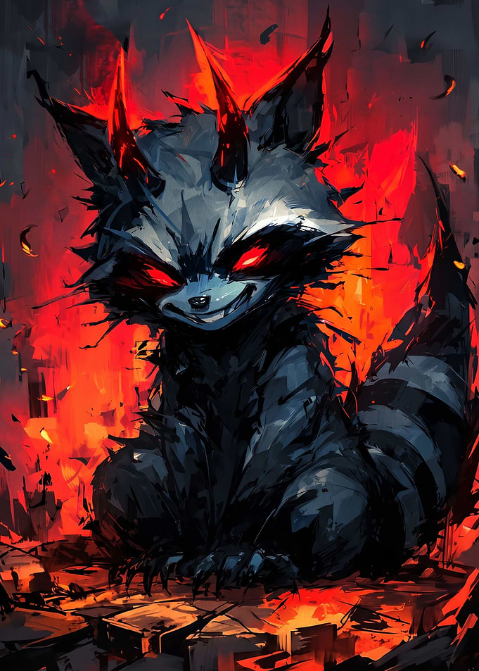 Demonic Raccoon with Glowing Red Eyes
