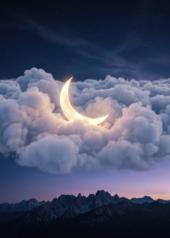 Crescent Moon Resting in Clouds