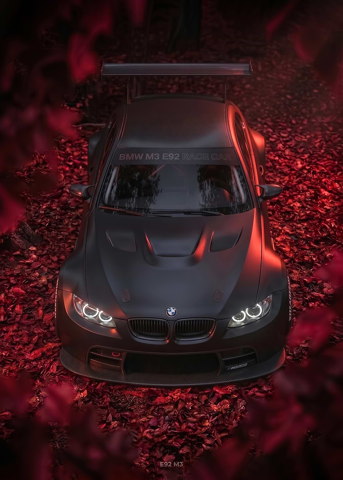 Matte Black BMW M3 E92 Race Car in autumn art poster