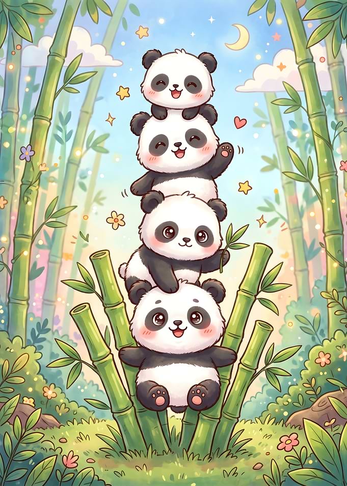 Cute Panda Stack in Bamboo Forest
