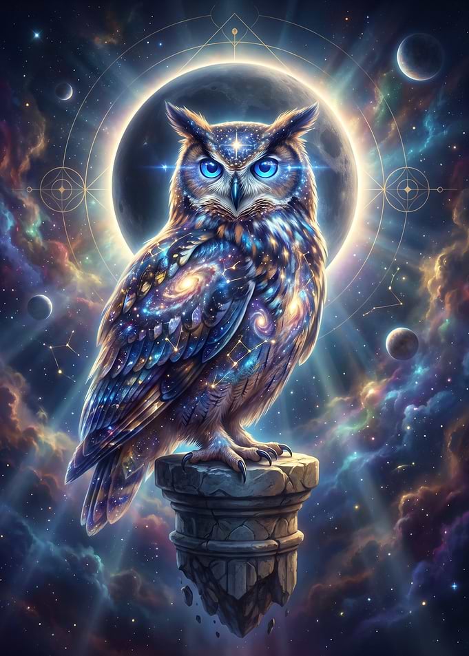 Cosmic Owl Perched on Stone Pillar