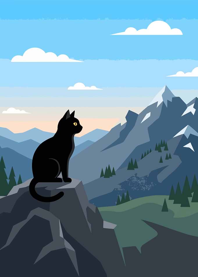 Black Cat Watching Mountain Landscape