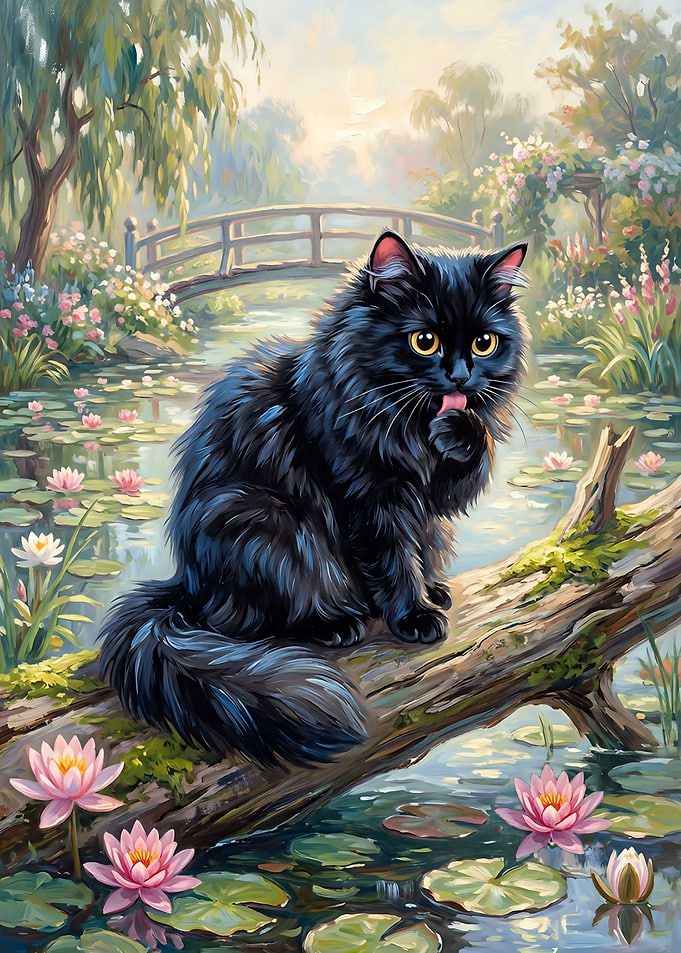 Fluffy Black Cat licking paw on Monet Pond Log