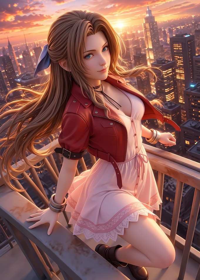 Aerith Gainsborough overlooking sunset city