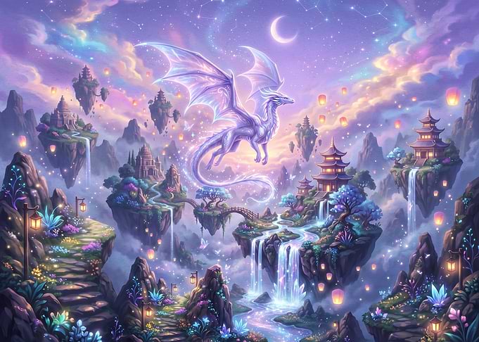 Ethereal Dragon Over Floating Asian Temples