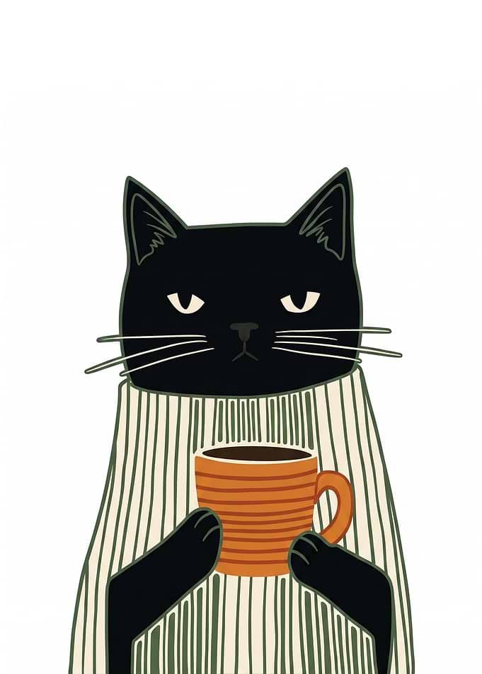 Grumpy Black Cat Holding Coffee Mug