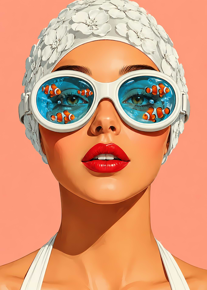 Woman with Floral Cap and Fish Goggles