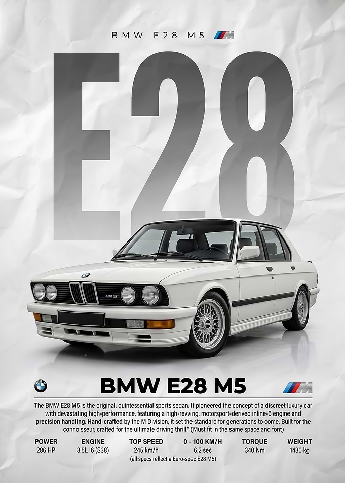 classic white BMW E28 M5 sleek Sports Sedan poster