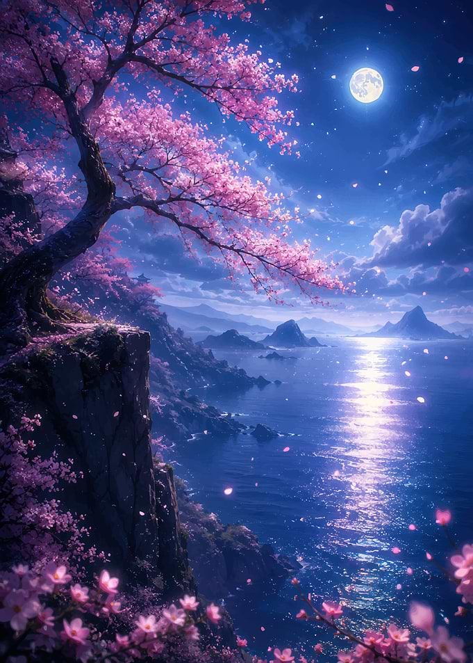 Moonlit Cherry Blossom Coastal Landscape