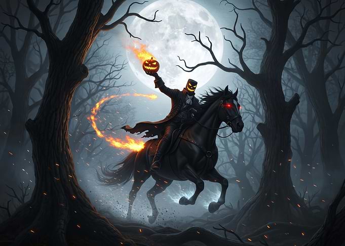 Headless Horseman Riding Through Dark Forest
