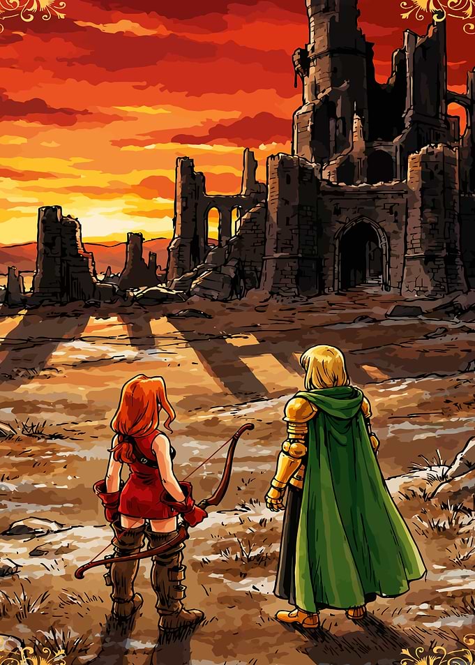 Adventurers Facing Ruined Castle at Sunset