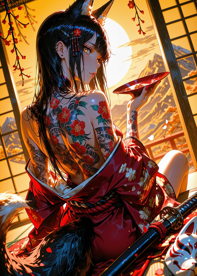 Fox Girl with Floral Tattoo