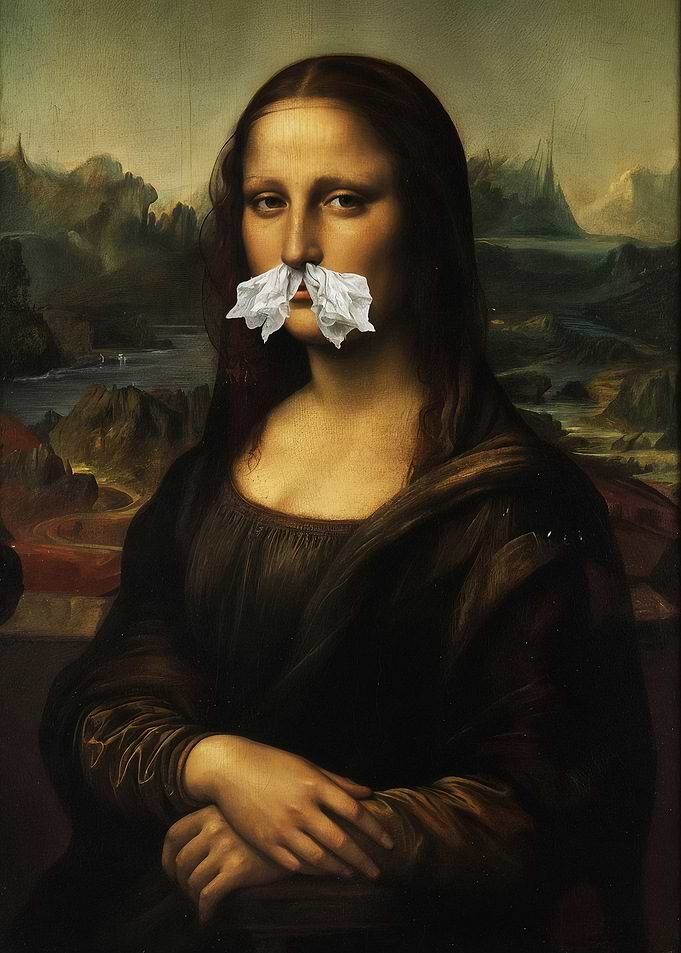 Mona Lisa with Tissue - Funny Classic Art Parody - Tissue Nose Humorous Wall Decor
