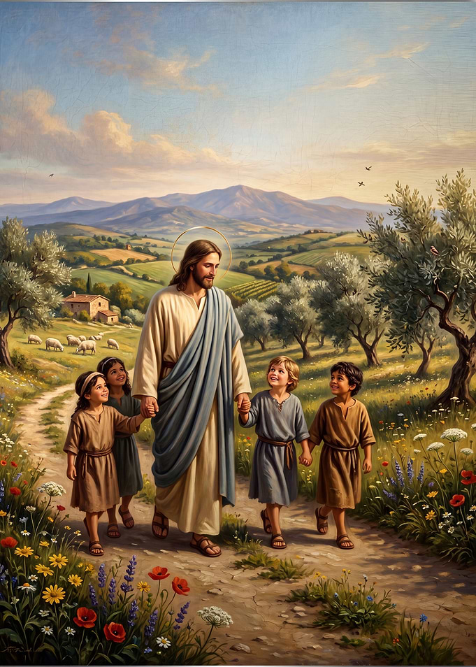Jesus Walking with Children in Nature