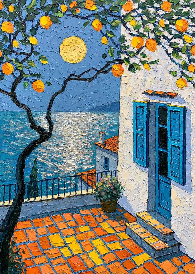 Moonlit Mediterranean Terrace with Orange Tree