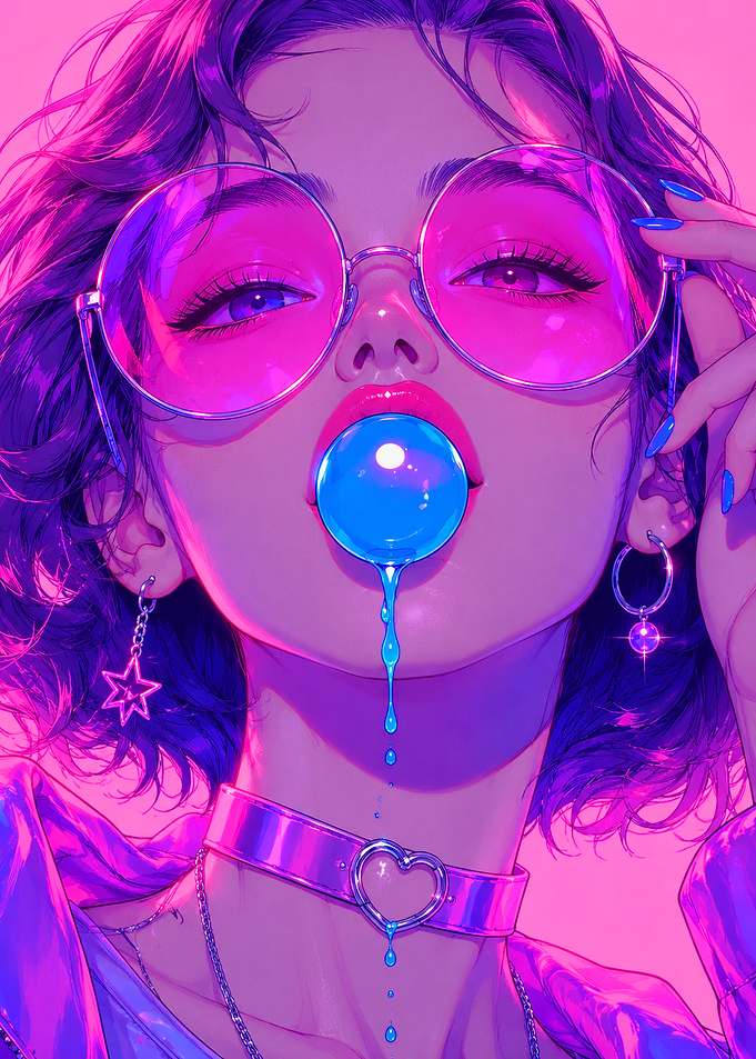 Neon Cyberpunk Girl with Bubblegum