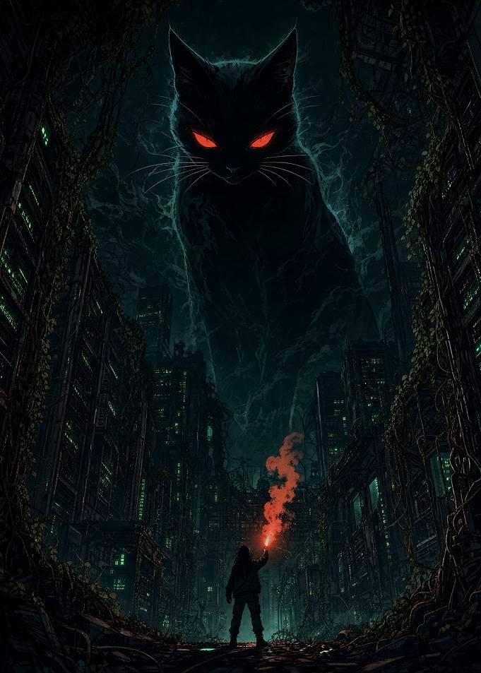 The Shadow: Giant Black Cat in Ruined City