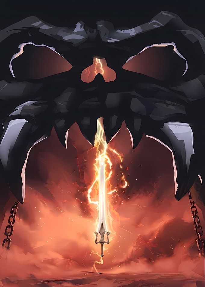 Glowing Sword Beneath Dark Skull Gate