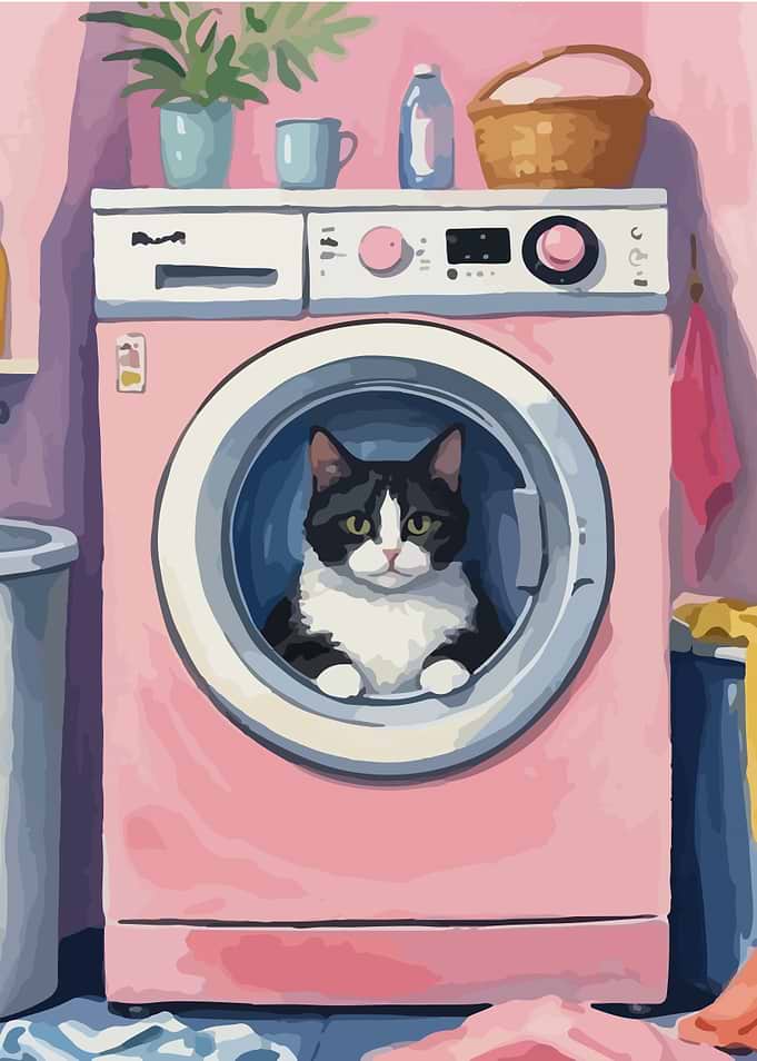 Cat Sitting Inside Pink Washing Machine