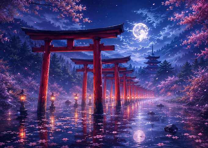 Moonlit Torii Gates in Cherry Blossoms