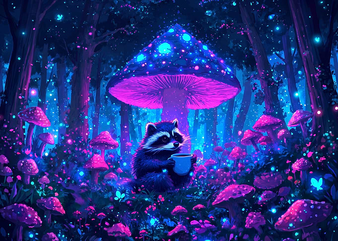 Raccoon Drinking Coffee in Neon Forest