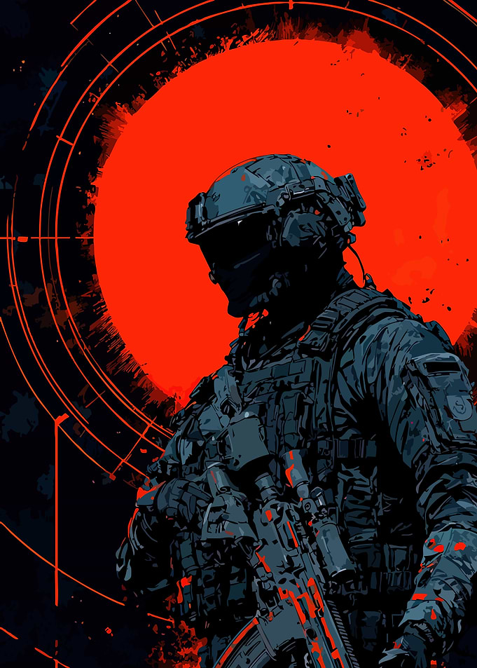Tactical Soldier Against Red Sun