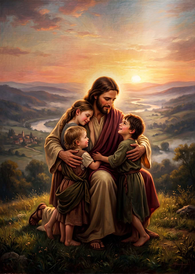 Jesus Embracing Children at Sunset