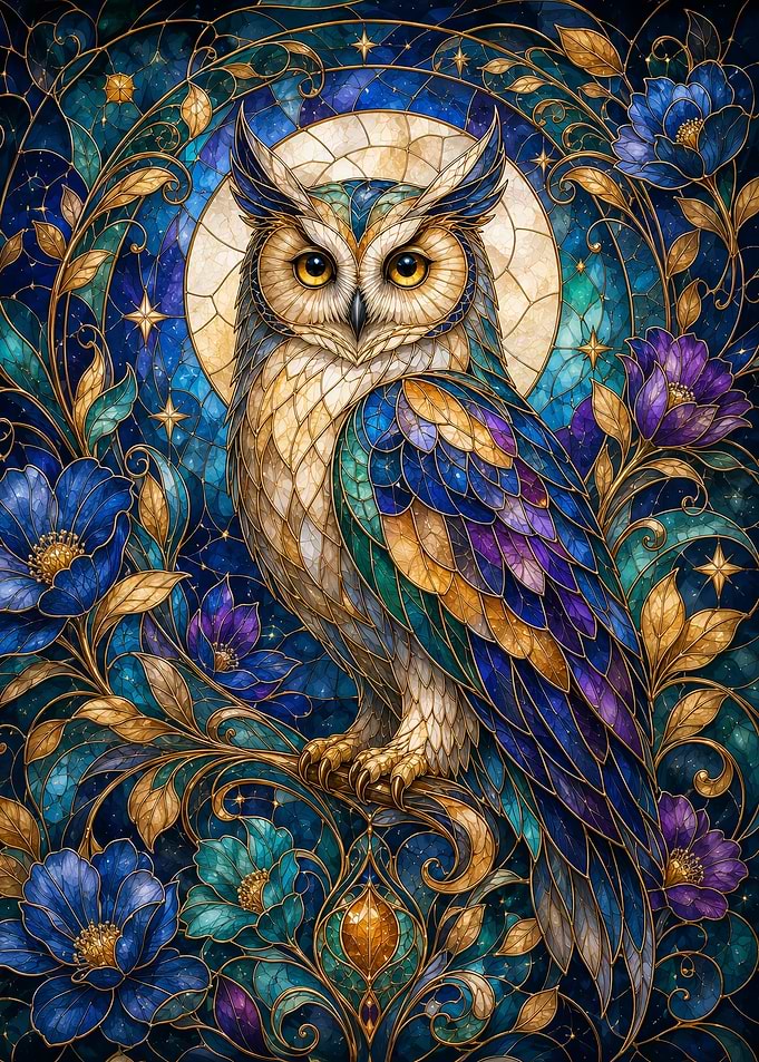 Stained Glass Celestial Owl